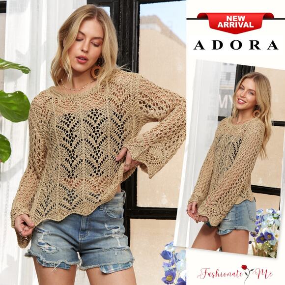 ADORA Long Sleeves Round Neck Scallop Edge Relaxed Fit Crochet Top | Natural - Picture 1 of 9